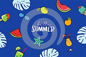 Hello summer banners design hand drawn style. Summer with doodles and objects elements for beach party background