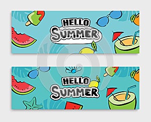 Hello summer banners design hand drawn style. Summer with doodles and objects elements for beach party background