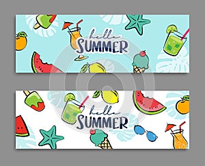 Hello summer banners design hand drawn style. Summer with doodles and objects elements for beach party background