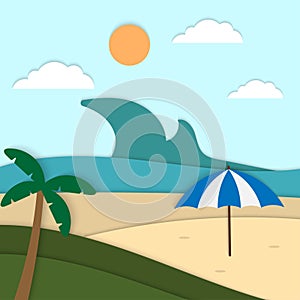Hello Summer Beach paper cut background vector,ocean view umbrella paper art style for template