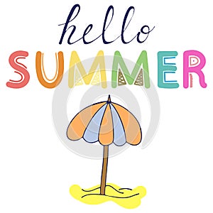Hello summer, beach parasol, vector postcard, illustration, black outline