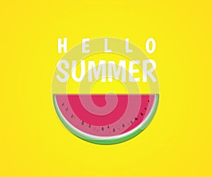 Hello Summer Beach Party bright banner Design template with watermelon slice isolated on yellow background. with fruit and text