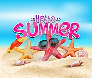 Hello Summer in Beach Seashore with Realistic Objects