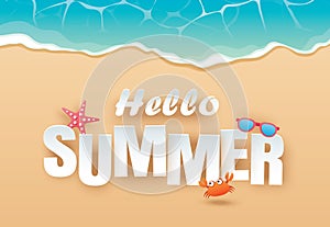 Hello summer beach top view travel and vacation background. Use for banner template, greeting card, invitation, wave and sand