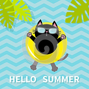 Hello Summer. Black cat floating on yellow air pool water circle. Lifebuoy. Palm tree leaf. Cute cartoon relaxing character. Sungl