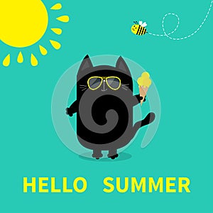 Hello summer. Black cat holding Ice cream. Yellow sun shining, sunglasses. Bee insect. Cute cartoon character. Greeting card. Funn