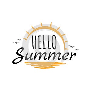 Hello summer black lettering with orange sun and sea wave icons symbol holiday vector illustration background