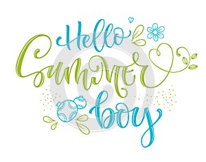 Hello Summer Boy quote. Hand drawn modern calligraphy Baby Shower party lettering logo phrase.