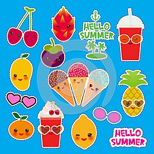 Hello Summer bright tropical card banner design, fashion patches badges stickers. Exotic fruits, pineapple, cherry smoothie cup,