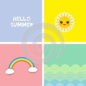 Hello Summer bright tropical card banner design, Kawaii cute face. Rainbow, white clouds, the sun, sea waves, the ocean.