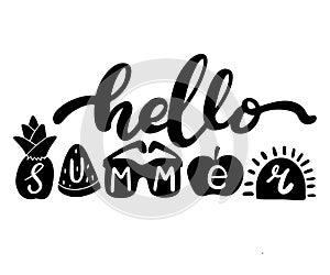 Hello summer. Brush phrase with fruit figures. Hand lettering