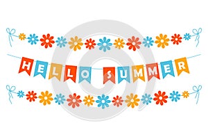 Hello Summer bunting garland, red, orange and blue pennants with white letters, bright party lettering banner with