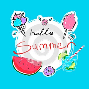 Hello Summer calligraphy with watermelon, donut, ice-cream, cocktail and candyfloss. Vector illustration.