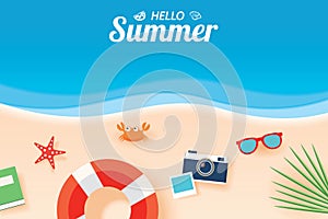 Hello summer card banner with vacation beach paper art background.