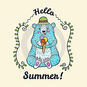 Hello Summer card with bear character and ice cream.