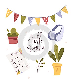 Hello summer card, contemporary art. Seasonal objects collection, hand drawn boho elements set. Modern vector flat