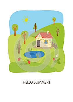 Hello summer card design. Winter landscape.