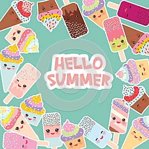 Hello Summer Card design for your text. round frame, wreath. cupcakes, ice cream in waffle cones, ice lolly Kawaii with pink cheek