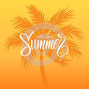 Hello Summer card with handwritten lettering text design and palm tree silhouette.