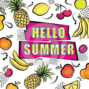 Hello summer card. Tropical fuit set dotted background