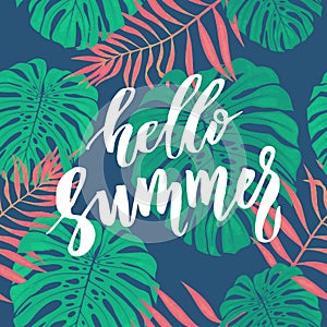 Hello Summer card with tropical leaf seamless pattern.