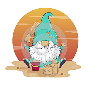 Hello summer cartoon cute gnome builds a sand castle on the beach at sunset background