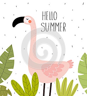 Hello summer. cartoon flamingo, hand drawing lettering, decor elements. Summer colorful vector illustration, flat style.