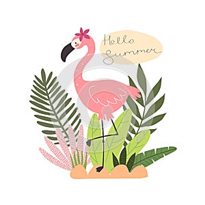 hello summer. cartoon flamingo, hand drawing lettering, decor elements. Summer colorful vector illustration, flat style.