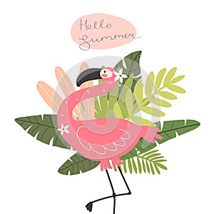 Hello summer. cartoon flamingo, hand drawing lettering, decor elements. Summer colorful vector illustration, flat style.