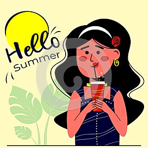 Hello summer. Cartoon flat character girl holding drink lemonade. Summertime post card or poster