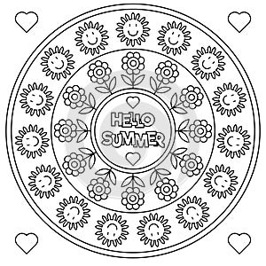 Hello Summer. Coloring page. Black and white vector illustration.