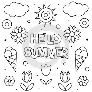 Hello Summer. Coloring page. Black and white vector illustration.
