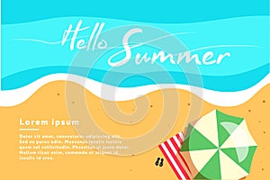 Hello summer concept vector illustration. Top view of beach. Template for poster