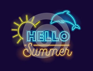 Hello Summer Creative Banner with Highly Detailed Realistic Neon Glowing Sun and Dolphin on Dark Blue Background. Shiny Colorful