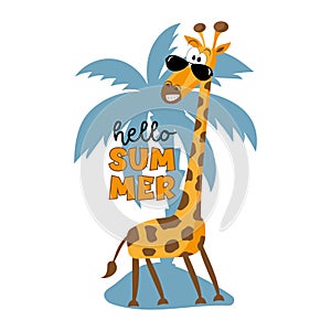 Hello Summer - cute giraffe in sunglasses. Isloated on palmtree background.