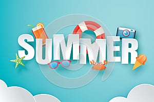 Hello summer with decoration origami on blue sky background. Paper art and craft style. Vector illustration of life ring, ice