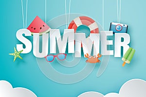 Hello summer with decoration origami hanging on blue sky background. Paper art and craft style. Vector illustration of life ring,