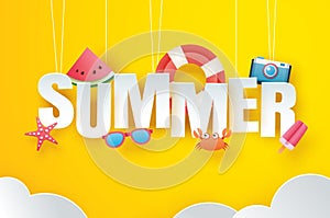 Hello summer with decoration origami hanging on yellow sky background. Paper art and craft style. Vector illustration of life ring
