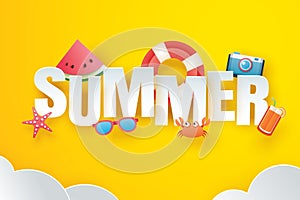 Hello summer with decoration origami on the sky yellow background. Paper art and craft style. Vector illustration of life ring,