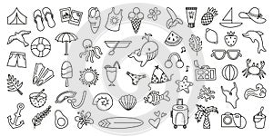 Hello summer doodle clipart. Seasonal summertime adventures, ocean beach vacations. Underwater animals, sunbathe