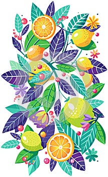 Hello Summer event lemon branch with leaves decoration, colorful pattern, Birthday, Holiday, Wedding, Home Decor Illustration sign