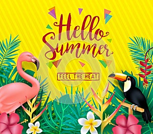 Hello Summer Feel the Heat Poster with Tropical Leaves and Flowers