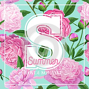 Hello Summer Floral Design with Blooming Pink Peony Flowers. Botanical Background for Poster, Banner, Wedding Invitation