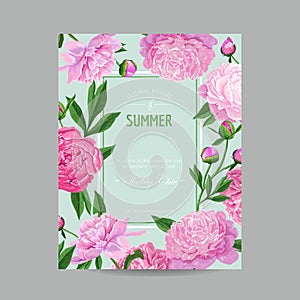 Hello Summer Floral Design with Blooming Pink Peony Flowers. Botanical Background for Poster, Banner, Wedding Invitation