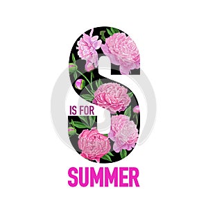 Hello Summer Floral Design with Blooming Pink Peony Flowers. Botanical Background for Poster, Banner, Wedding Invitation