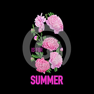 Hello Summer Floral Design with Blooming Pink Peony Flowers. Botanical Background for Poster, Banner, Wedding Invitation