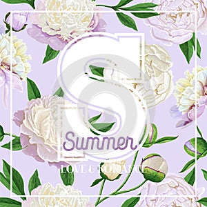 Hello Summer Floral Design with Blooming White Peony Flowers. Botanical Background for Poster, Banner Wedding Invitation