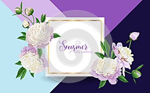 Hello Summer Floral Design with Blooming White Peony Flowers. Botanical Background for Poster, Banner Wedding Invitation