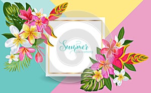 Hello Summer Floral Poster. Tropical Exotic Flowers Design for Sale Banner, Flyer, Brochure, Certificate, Fabric Print