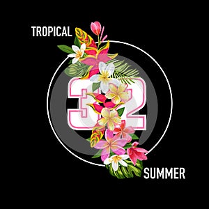 Hello Summer Floral Poster. Tropical Exotic Flowers Design for Sale Banner, Flyer, Brochure, T-shirt, Fabric Print